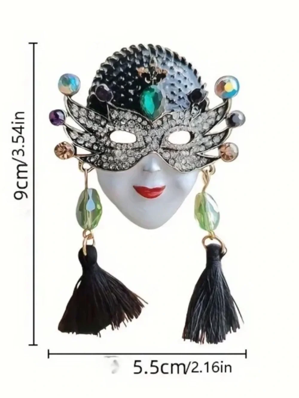 Victorian Style Masquerade Face Brooch with Emerald Green Gem & Tassels New
